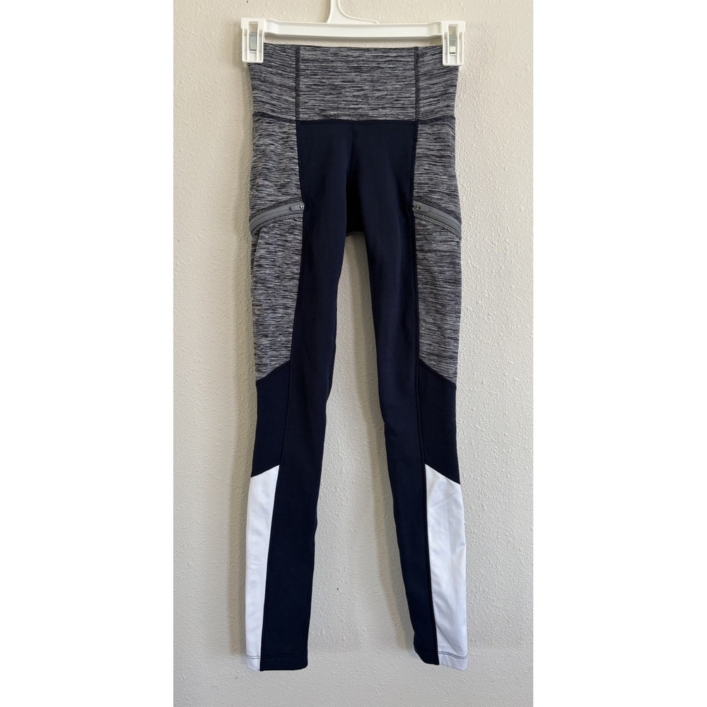 Athleta Leggings Womens XXS Navy Gray Colorblock Zip Pocket Athletic Pants